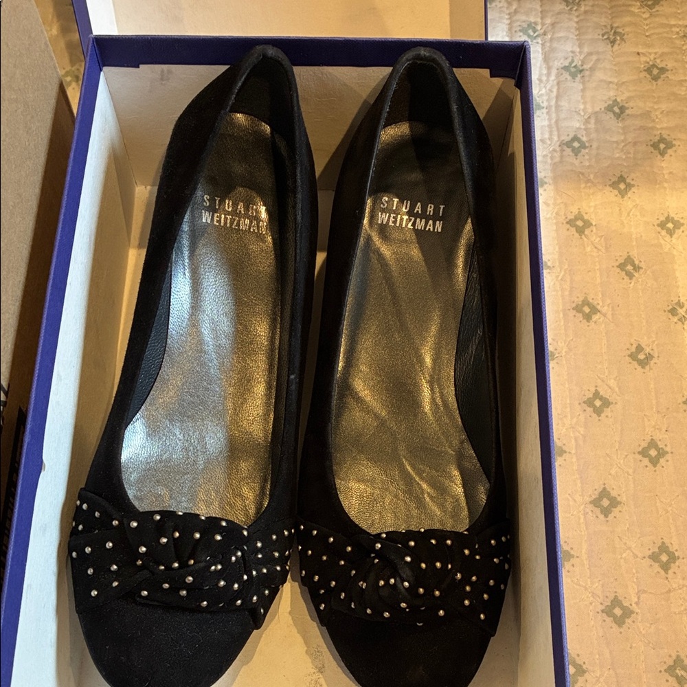 Stuart Weitzman Black Flats with Studded Bow